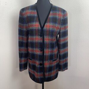 Vintage Liz Claiborne Blazer Jacket Women's 8 Multicolor Plaid Wool Blend Preppy